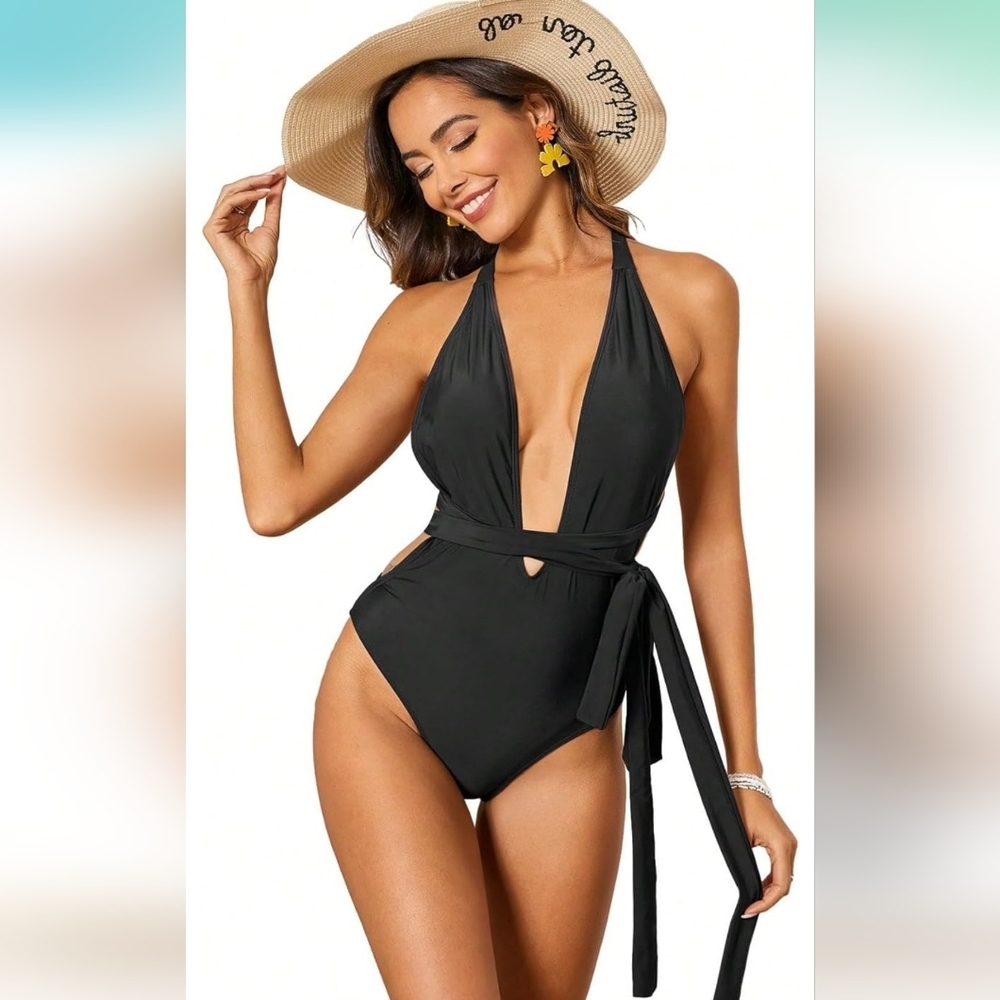 Wrap One Piece Swimsuit‎ Deep V Neck Swimwear Solid black NWOT